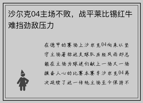 沙尔克04主场不败，战平莱比锡红牛难挡劲敌压力
